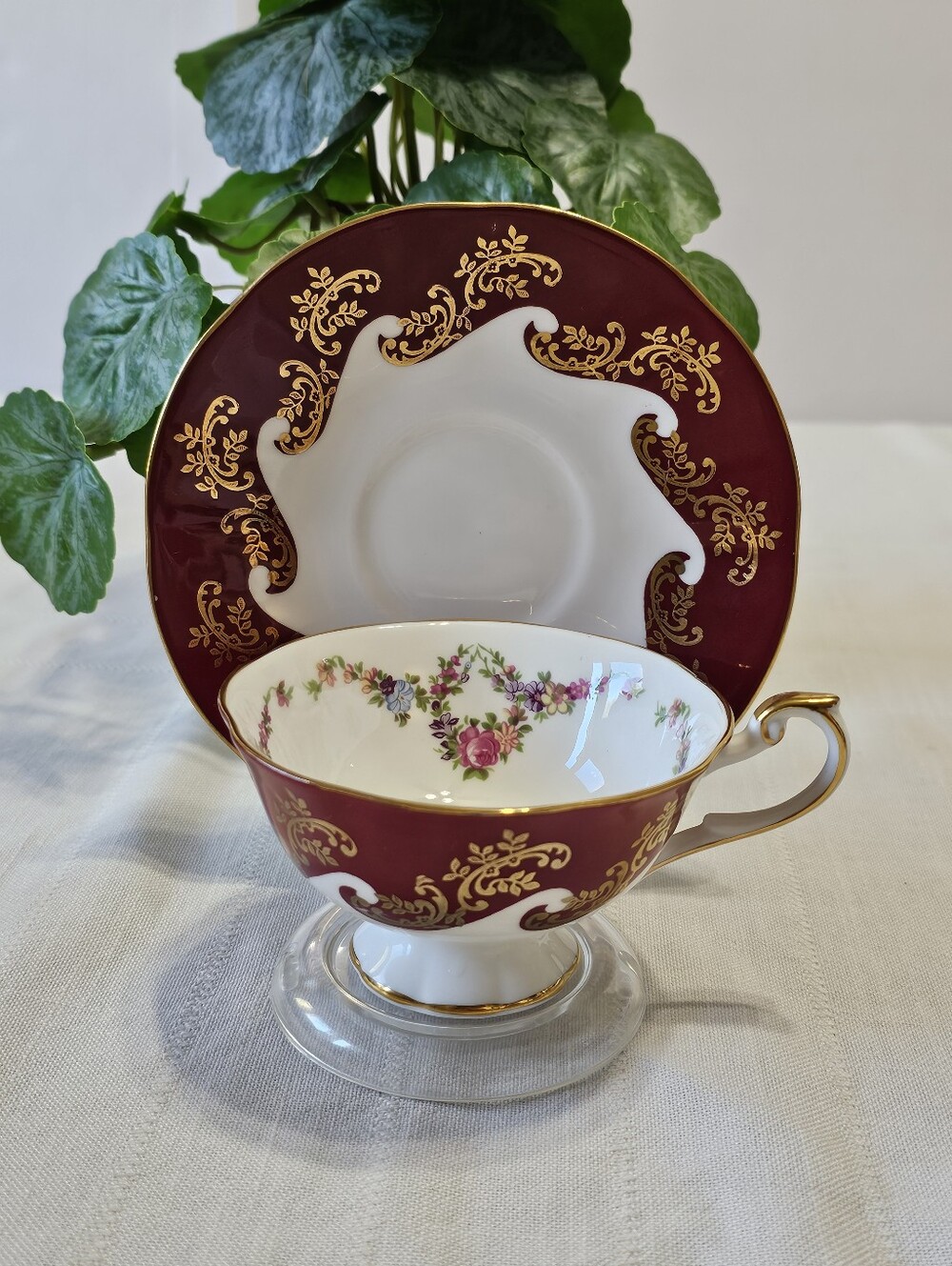 Vintage Queen's Emperor Fine Bone China Cup & Saucer Burgundy Gold England